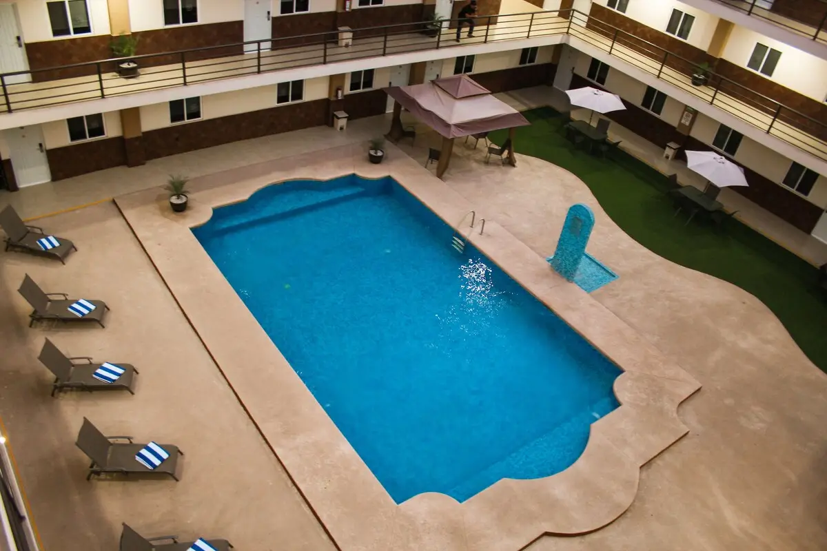 View across the hotel pool courtyard